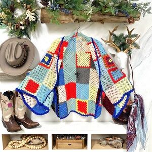 Artisan Granny square Gypsy sleeves boho cover up w southwestern vibe